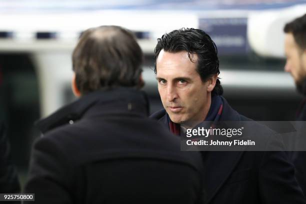 Rudi Garcia head coach of Marseille and Unai Emery head coach of PSG during the French Cup match between Paris Saint Germain and Marseille at Parc...