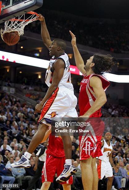 Kelenna Azubuike of the Golden State Warriors goes up for a dunk during their game against the Houston Rockets at Oracle Arena on October 28, 2009 in...