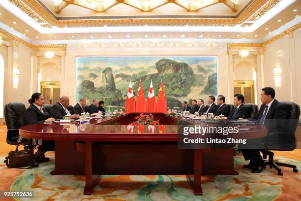 Chinese President Xi Jinping meeting with King Tupou VI of Tonga at The Great Hall Of The People on March 1, 2018 in Beijing, China. At the...