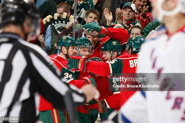 The Minnesota Wild celebrates after Petr Sykora scores against the New York Rangers during the game at the Xcel Energy Center on October 30, 2009 in...