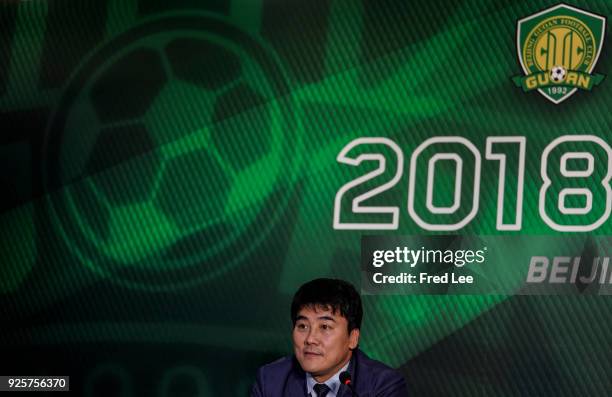 Li Ming, General Manager of Beijing Sinobo Guoan FC attends a press conference at Worker's Stadium on March 1, 2018 in Beijing, China.