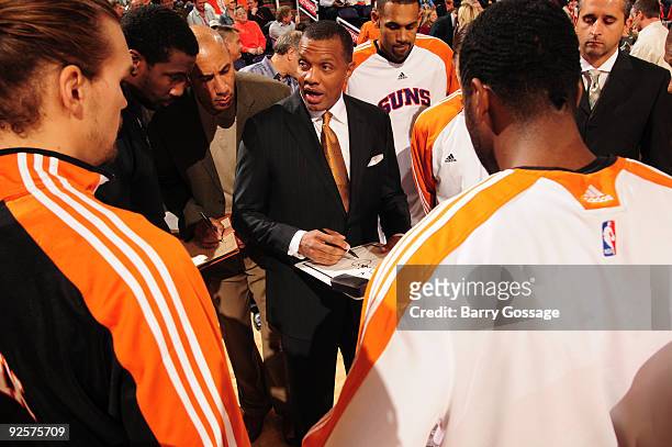 Alvin Gentry, head coach of the Phoenix Suns, talks to his team as the Suns host the Sacramento Kings in an NBA Game played on October 30, 2009 at...