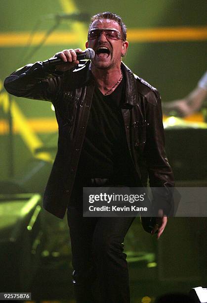 Bono of U2 performs onstage at the 25th Anniversary Rock & Roll Hall of Fame Concert at Madison Square Garden on October 30, 2009 in New York City.