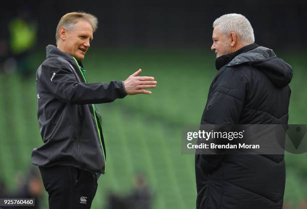 Dublin , Ireland - 24 February 2018; Ireland head coach Joe Schmidt, left, with Wales head coach Warren Gatland prior to the NatWest Six Nations...