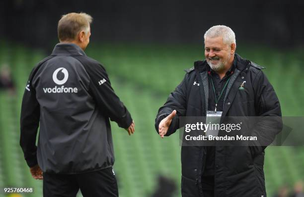 Dublin , Ireland - 24 February 2018; Ireland head coach Joe Schmidt, left, with Wales head coach Warren Gatland prior to the NatWest Six Nations...