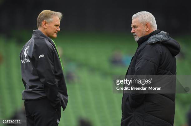 Dublin , Ireland - 24 February 2018; Ireland head coach Joe Schmidt, left, with Wales head coach Warren Gatland prior to the NatWest Six Nations...
