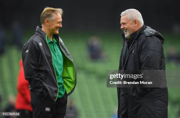 Dublin , Ireland - 24 February 2018; Ireland head coach Joe Schmidt, left, with Wales head coach Warren Gatland prior to the NatWest Six Nations...