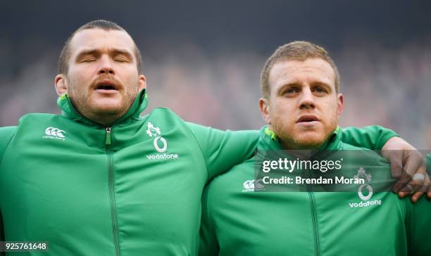 Dublin , Ireland - 24 February 2018; Jack McGrath, left, and Sean Cronin of Ireland during the national anthems prior to the NatWest Six Nations...