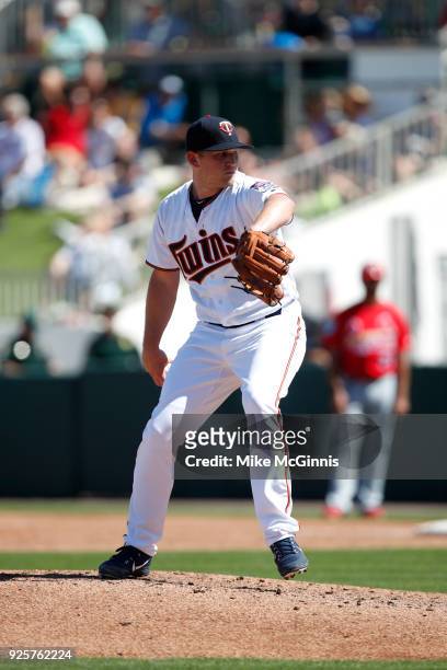 Tyler Duffey of the Minnesota Twins in action during the Spring Training game against the St. Louis Cardinals at Hammond Stadium on February 26, 2018...