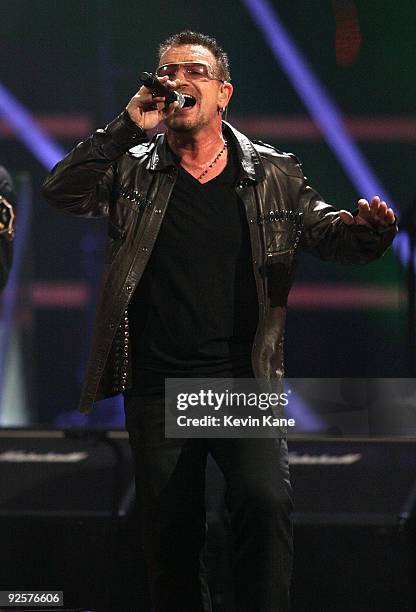 Bono of U2 performs onstage at the 25th Anniversary Rock & Roll Hall of Fame Concert at Madison Square Garden on October 30, 2009 in New York City.