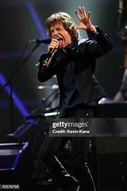 Mick Jagger performs onstage at the 25th Anniversary Rock & Roll Hall of Fame Concert at Madison Square Garden on October 30, 2009 in New York City.