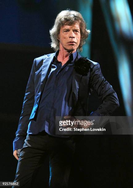 Mick Jagger of The Rolling Stones performs onstage with U2 at the 25th Anniversary Rock & Roll Hall of Fame Concert at Madison Square Garden on...