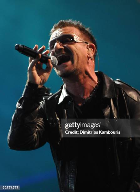 Bono of U2 performs onstage at the 25th Anniversary Rock & Roll Hall of Fame Concert at Madison Square Garden on October 30, 2009 in New York City.