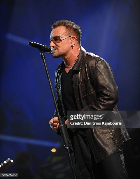 Bono of U2 performs onstage at the 25th Anniversary Rock & Roll Hall of Fame Concert at Madison Square Garden on October 30, 2009 in New York City.
