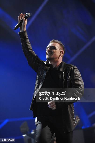 Bono of U2 performs onstage at the 25th Anniversary Rock & Roll Hall of Fame Concert at Madison Square Garden on October 30, 2009 in New York City.