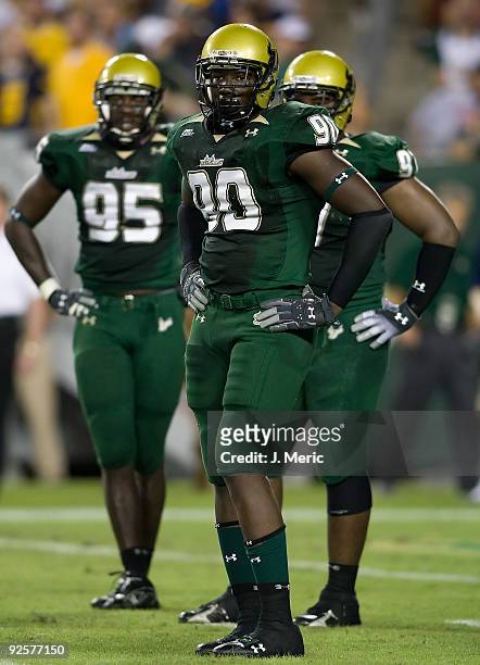 Defensive end Jason Pierre-Paul of the South Florida Bulls lines up against the West Virginia Mountaineers during the game at Raymond James Stadium...