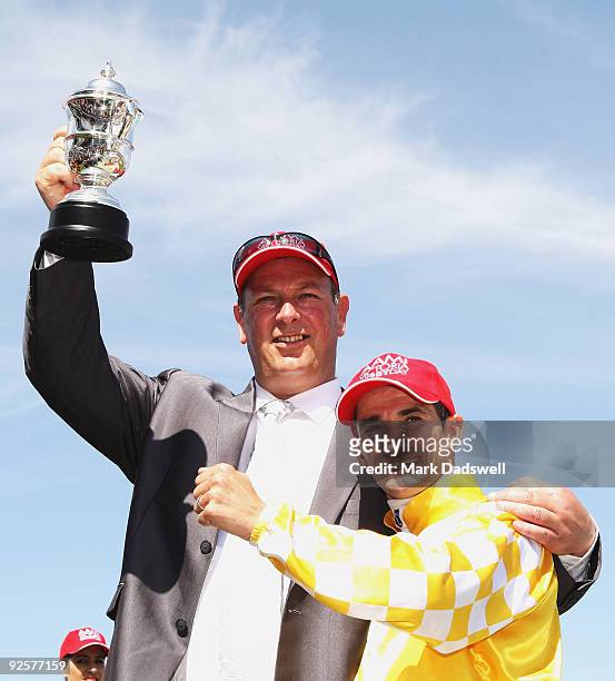 Trainer Michael Moroney and jockey Corey Brown celebrate after Monaco Consul won the AAMI Victoria Derby during the 2009 Victoria Derby Day meeting...
