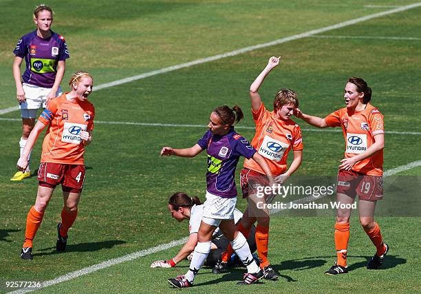 Courtney Beutel of the Roar celebrates after scoring a goal during the round five W-League match between the Brisbane Roar and Perth Glory at...