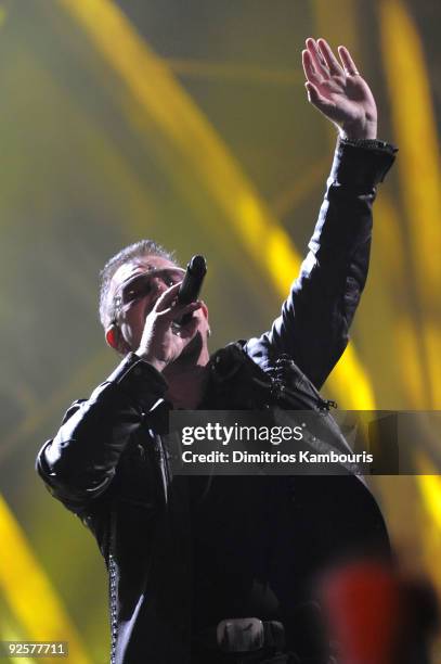 Bono of U2 performs onstage at the 25th Anniversary Rock & Roll Hall of Fame Concert at Madison Square Garden on October 30, 2009 in New York City.