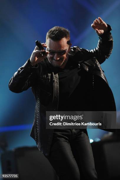 Bono of U2 performs onstage at the 25th Anniversary Rock & Roll Hall of Fame Concert at Madison Square Garden on October 30, 2009 in New York City.