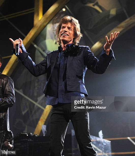 Mick Jagger performs on stage during the 25th Anniversary Rock & Roll Hall of Fame Concert at Madison Square Garden on October 30, 2009 in New York...