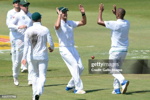 The Proteas celebrate the wicket of Cameron Bancroft of Australia during day 1 of the 1st Sunfoil Test match between South Africa and Australia at...