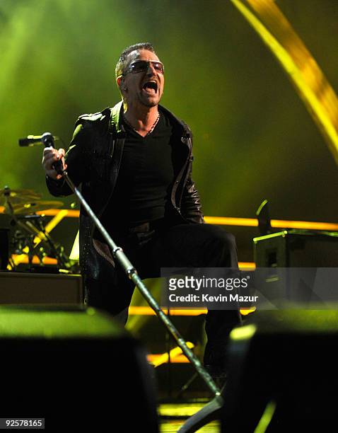Bono of U2 performs on stage during the 25th Anniversary Rock & Roll Hall of Fame Concert at Madison Square Garden on October 30, 2009 in New York...
