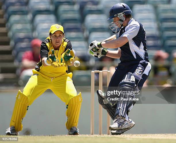 Jess Cameron of the Spirit plays a cut shot during the WNCL match between the Western Fury and the Victiora Spirit at the WACA on October 31, 2009 in...