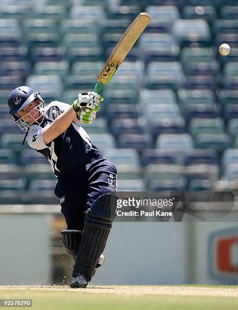 Jess Cameron of the Spirit hits out during the WNCL match between the Western Fury and the Victiora Spirit at the WACA on October 31, 2009 in Perth,...