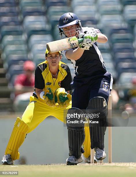 Jess Cameron of the Spirit drives the ball during the WNCL match between the Western Fury and the Victiora Spirit at the WACA on October 31, 2009 in...
