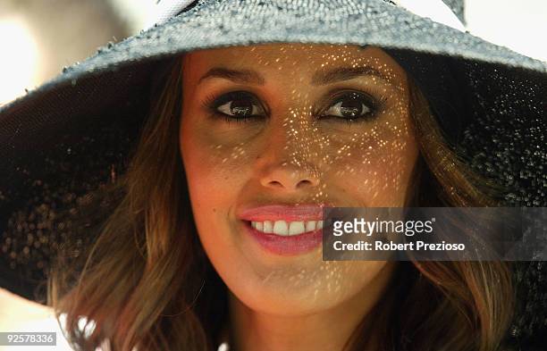 Model Rebecca Twigley looks on during the AAMI Victoria Derby Day at Flemington Racecourse on October 31, 2009 in Melbourne, Australia.