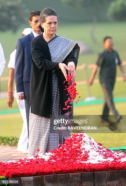 President of All India Congress Party and United Progressive Alliance Chairperson Sonia Gandhi pays homage to former Prime Minister Indira Gandhi on...