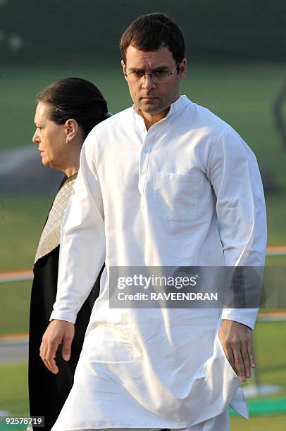 Congress Party President and United Progressive Alliance Chairperson Sonia Gandhi and her son, Member of Parliament and All India Congress Committee...