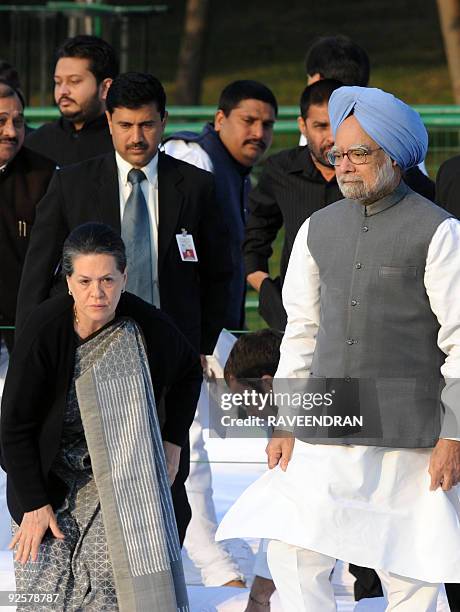 Congress Party President and United Progressive Alliance Chairperson Sonia Gandhi and Indian Prime Minister Manmohan Singh are seen at Shakti Stahl,...