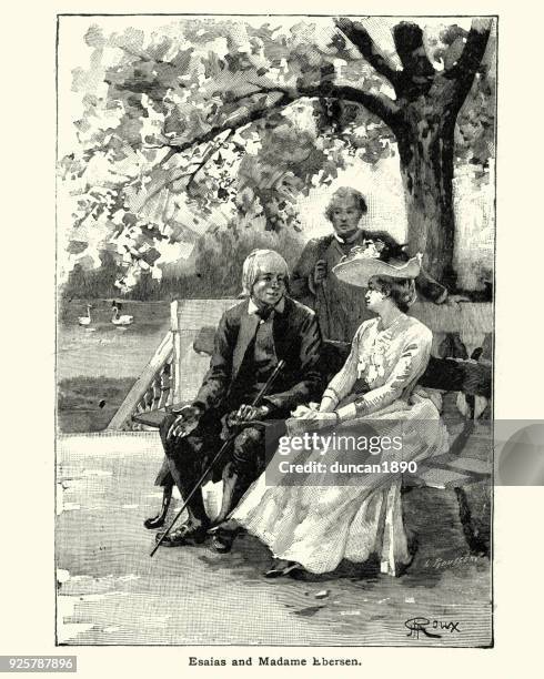 mature couple sat on a park bench uppsala, 19th century - scandinavian heritage park stock illustrations