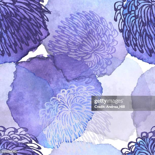 ilustrações de stock, clip art, desenhos animados e ícones de fuji mum, dalhia, flower seamless vector pattern - ink drawing with watercolor texture - crisântemo