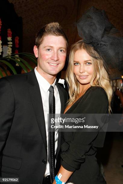 Michael Clarke and Lara Bingle in the Emirates marquee at the AAMI Victoria Derby Day at Flemington Racecourse on October 31, 2009 in Melbourne,...