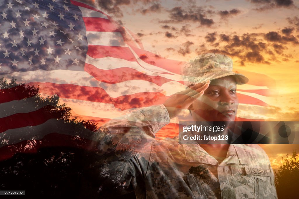 Female army soldier overlay sunset, American flag.