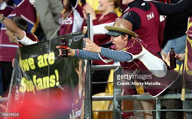 Southland fans celebrate a try during the Air New Zealand Cup Semi Final match between Wellington and Southland at Westpac Stadium on October 31,...