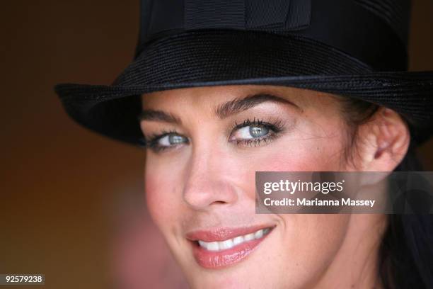 Megan Gale arrives at the Emirates marquee at the AAMI Victoria Derby Day at Flemington Racecourse on October 31, 2009 in Melbourne, Australia.