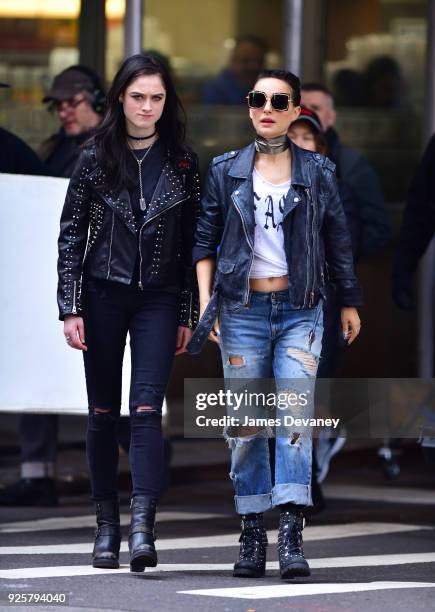 Raffey Cassidy and Natalie Portman seen on location for "Vox Lux" in the Financial District on February 28, 2018 in New York City.