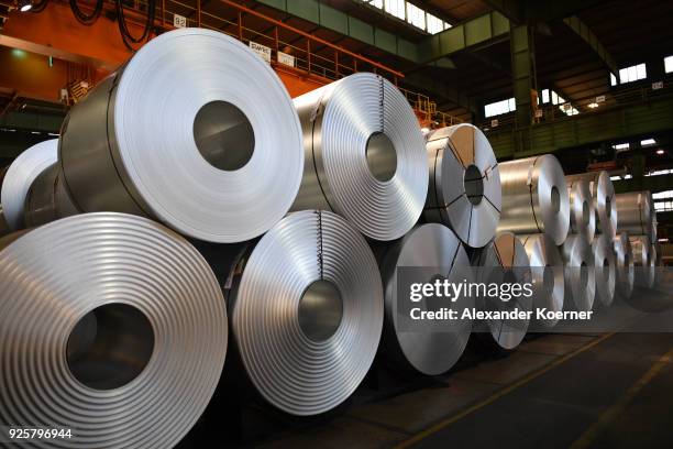 Rolled steel coils are seen in storage at a mill of German steel producer Salzgitter AG on March 1, 2018 in Salzgitter, Germany. Salzgitter, one of...