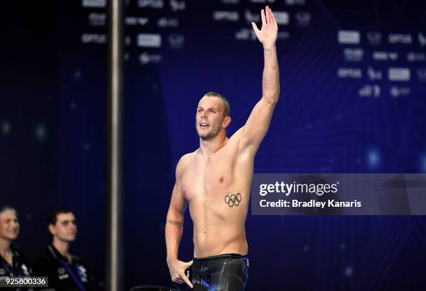 Kyle Chalmers celebrates winning the final of the Men's 100m Freestyle event during the 2018 Australia Swimming National Trials at the Optus Aquatic...