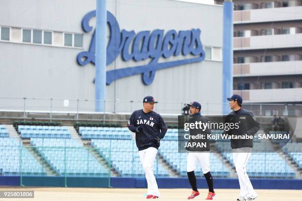 Yoshitomo Tsutsugoh and Ryosuke Kikuchi and Shogo Akiyama in actin during a Japan training session at the Nagoya Dome on March 1, 2018 in Nagoya,...