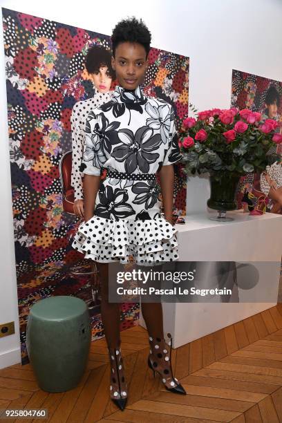 Model poses during the Emanuel Ungaro presentation as part of the Paris Fashion Week Womenswear Fall/Winter 2018/2019 at Avenue Montaigne on March 1,...