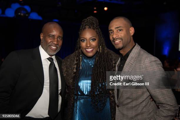 Len Burnett, Stacey King and Charles King attend Uptown Honors Hollywood Pre-Oscar Gala on February 28, 2018 in Los Angeles, California.