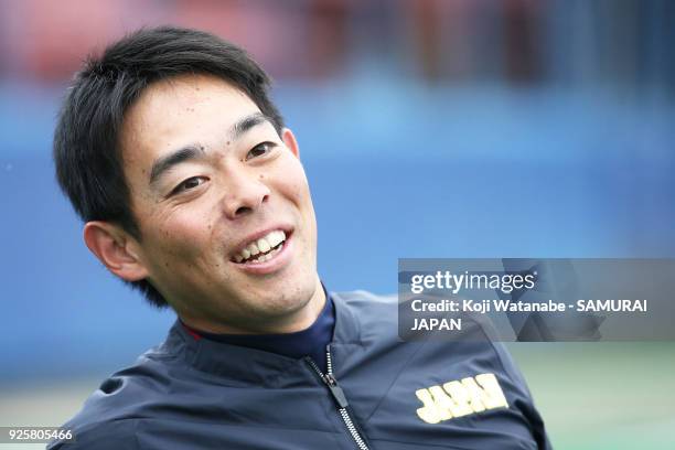 Shogo Akiyama of Japan in actin during a Japan training session at the Nagoya Dome on March 1, 2018 in Nagoya, Aichi, Japan.