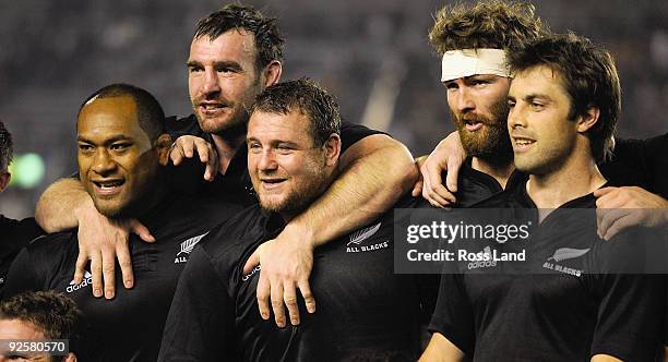 Neeia Tialata, Andrew Hore, Jason Eaton and Conrad Smith of the All Blacks following their win in the 2009 Bledisloe Cup match between the New...