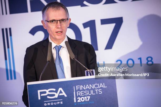 French Chairman of the Managing Board Carlos Tavares attends a press conference to present the Groupe PSA Full Year 2017 Financial Results, in Reuil...