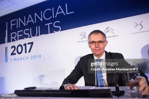 French Chairman of the Managing Board Carlos Tavares attends a press conference to present the Groupe PSA Full Year 2017 Financial Results, in Reuil...